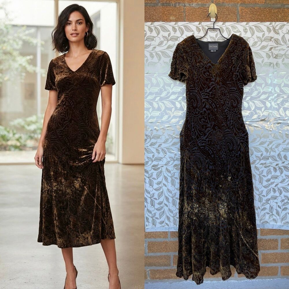 Kay Unger Silk Blend Burnout Velvet Shift Dress Size 6 Brown Gold Vintage